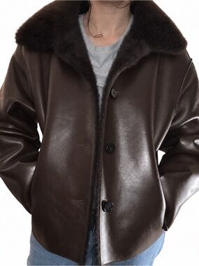 New Rebecca Minkoff Faux Leather Shearling Bomber Jacket Dark Brown Medium